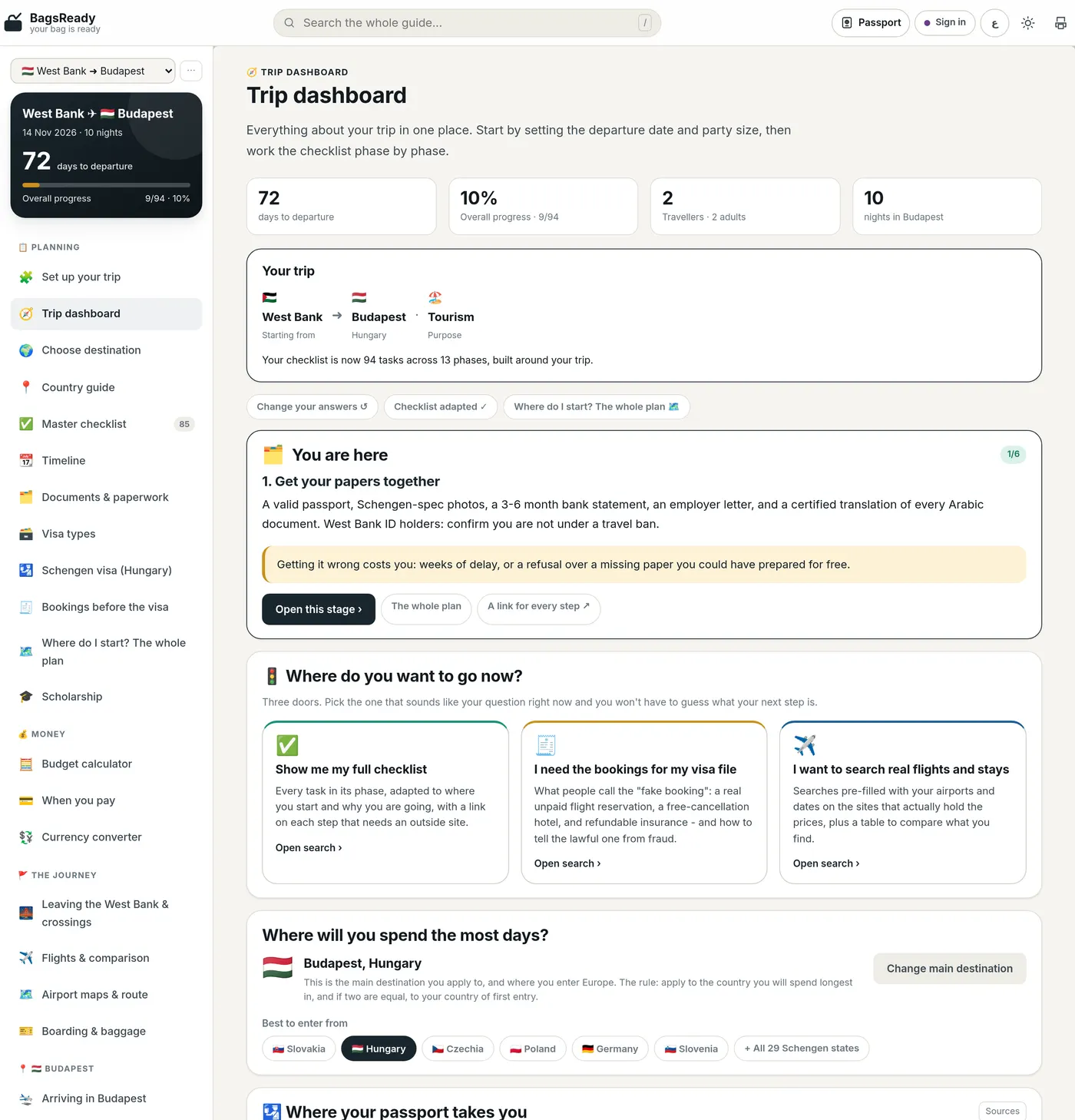 BagsReady trip dashboard on desktop
